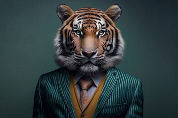 Portrait of a Tiger Dressed in a Colorful Suit, Creative Stock Image of Animals in Business Suit. Generative AI