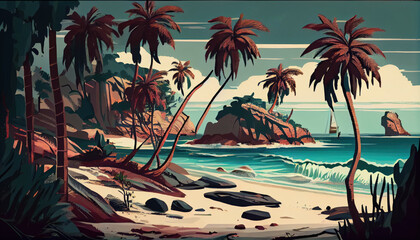 Sea and ocean, beach with palm trees. natural landscape. Seascape. Beautiful landscape of nature. generative ai