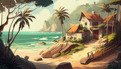 Sea and ocean, beach with palm trees. natural landscape. Seascape. Beautiful landscape of nature. Cottage house by the sea, apartments by the ocean beach. generative ai