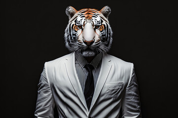 Portrait of a White Tiger Dressed in a Colorful Suit, Creative Stock Image of Animals in Business Suit. Generative AI