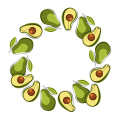 Vector sketch of avocado fruits outline and colored spots. Avocado or alligator pear isolated mexican fruit sketch. Guacamole food ingredient.