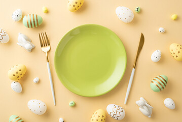 Easter cuisine concept. Top view photo of empty green plate cutlery colorful easter eggs and...