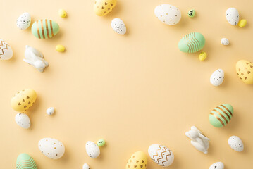 Obraz na płótnie Canvas Easter concept. Top view photo of green white yellow easter eggs and ceramic easter bunnies on isolated pastel beige background with copyspace in the middle
