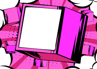 Blank comic book copy space on a pink cube shape. Comics cartoon background template.