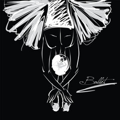 art sketch of sitting on floor and resting beautiful young ballerina in white tutu; ballet shoes, dancer; drawing isolated vector on black