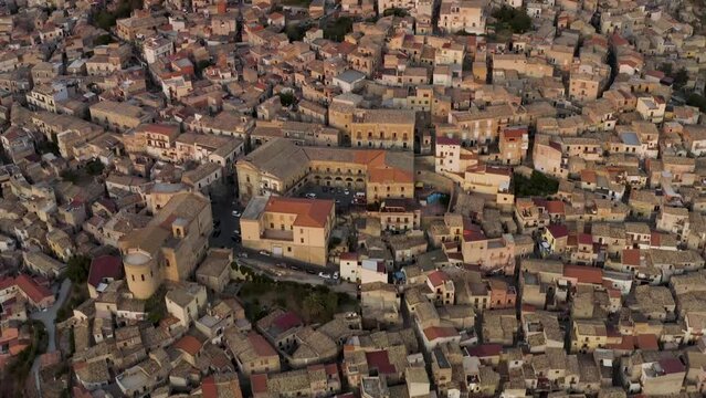 Aerial view of Agira, a small town on hilltop in Sicily, Italy.