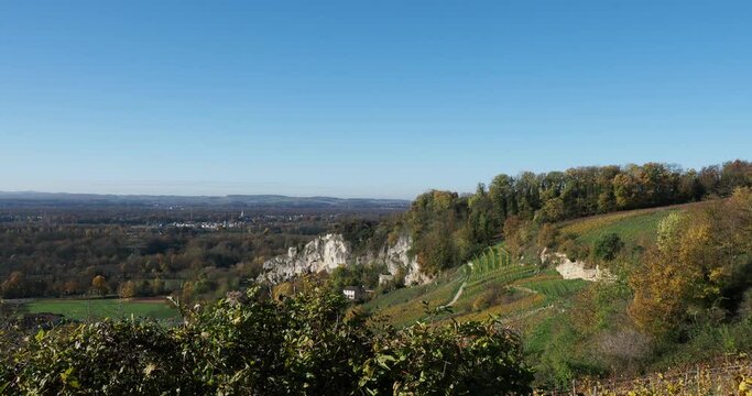 Rocher d'Istein (Isteiner Klotz) et son vignoble au nord du village d'Istein face &agrave; la rive gauche du Rhin en Allemagne. 