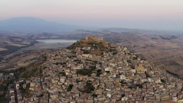 Aerial view of Agira, a small town on hilltop in Sicily, Italy.