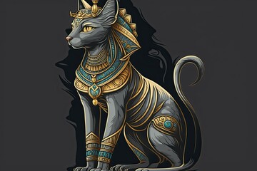 Ancient Egyptian representation of the goddess Bastet against a gray background. The ancient Egyptians worshiped a deity named Bastet. Generative AI