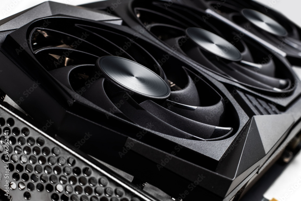 Aufkleber video graphics card with powerful gpu on white background. professional video card for computer.