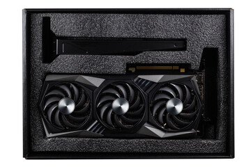 Video card in box for modern video games and cryptocurrency mining.