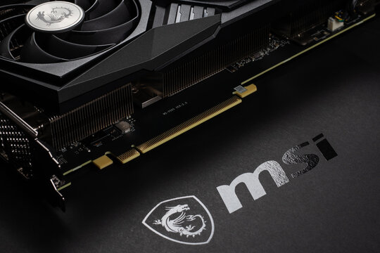 Dnipro, Ukraine - February 23, 2023: MSI graphics video card details with logo,
