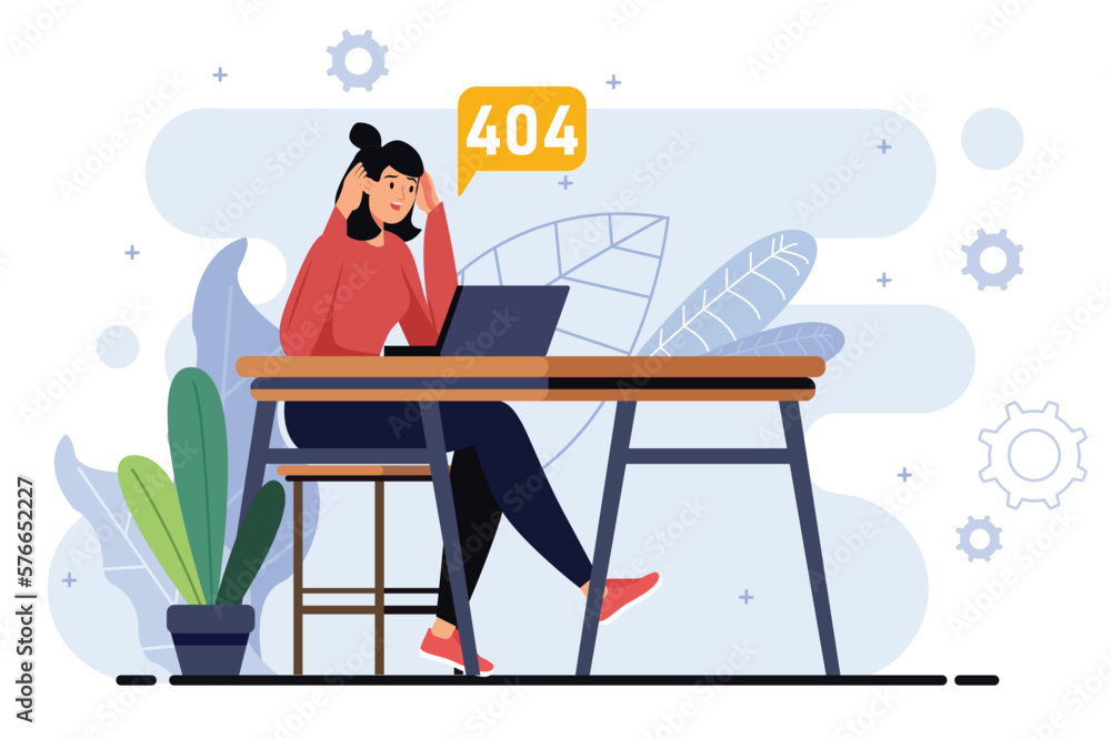 Poster 404 minimalistic concept with people scene in the flat cartoon design. girl cannot understand why th