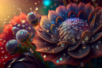 Abstract macro fantasy of dew drops on colorful garden flower in golden sunlight, generative ai