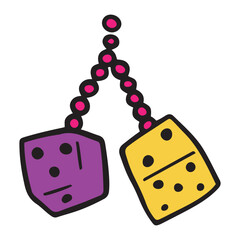Hand drawn neon colored dices on a string, old school hanger for cars, millennial styled isolated vector illustration