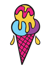 Hand drawn neon ice cream cone, isolated vector illustration in nostalgic cartoon style
