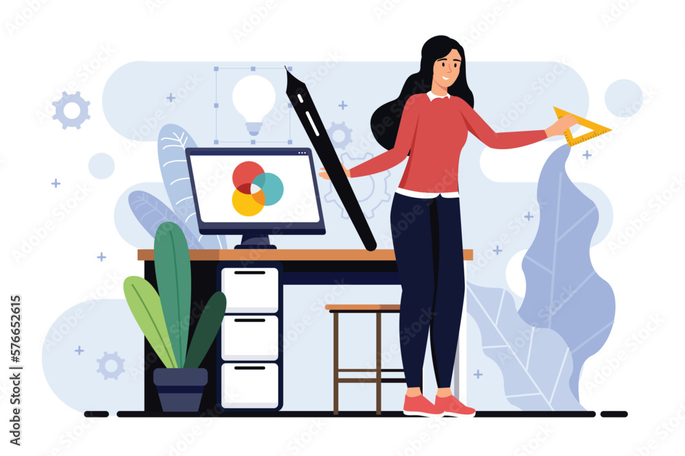 Poster design studio minimalistic concept with people scene in the flat cartoon design. designer works on c