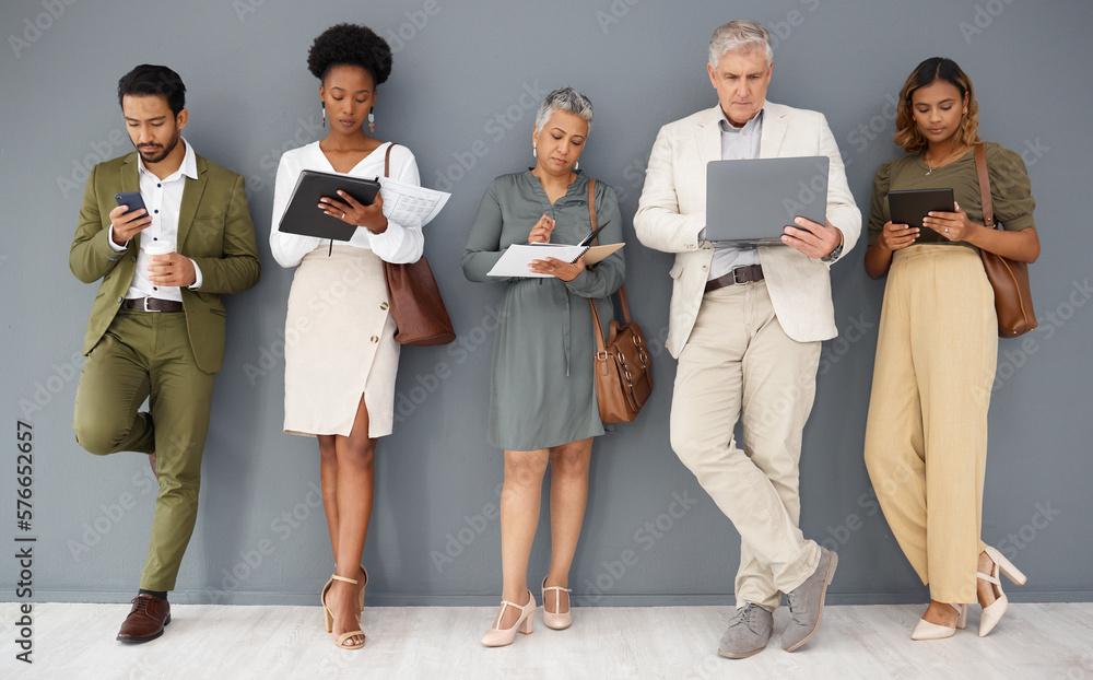 Poster office wall, row and business people with technology for networking, internet and job application. r