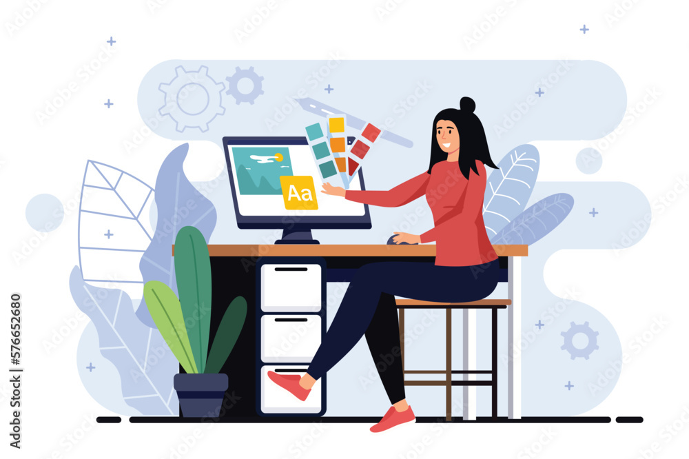 Poster design studio minimalistic concept with people scene in the flat cartoon design. designer selects th