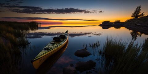 Obraz premium Kayak in a Beautiful Setting, Sunset, Sunlight, Lake, Generative AI