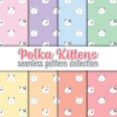 Cute collection of polka dot kitten face seamless pattern