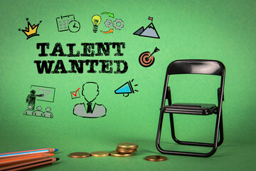 Talent Wanted concept. Miniature chair, text and icons on a green background