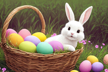 Happy Easter smiling bunny in a basket with Easter eggs. Generative AI