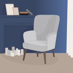 A cozy, gray armchair in a room with blue walls. Imitation of a fireplace with candles. Vector illustration. Living room furniture design concept modern home interior element.