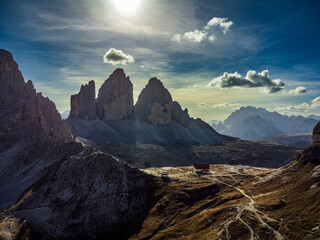 Exciting view of the three peaks of Lavaredo and Monte Paterno. Dream Dolomites.