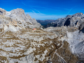 Exciting view of the three peaks of Lavaredo and Monte Paterno. Dream Dolomites.