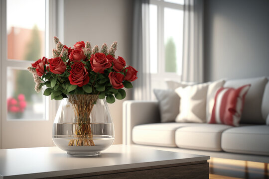 Vase of red roses on the table in living room, Generative AI