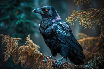 A large raven perches atop a branch, its black feathers and sharp beak making it stand out in the wildlife. Ai generated.