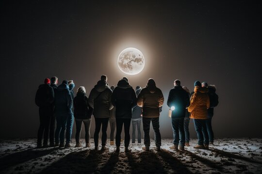 A group of men stand in the darkness, illuminated by a full moon on a clear night. Ai generated.