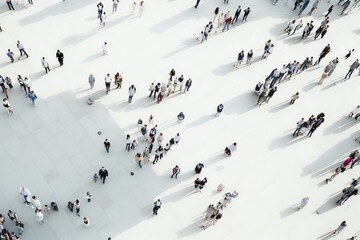 Aerial view of a crowd walking on a white background, unrecognizable people. Ai generated. - obrazy, fototapety, plakaty