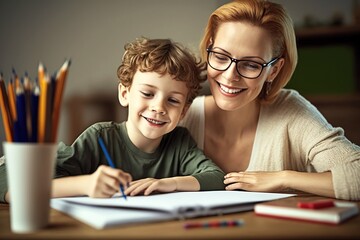 Boy shows satisfaction when completing his school homework with his mother. Ai generated.