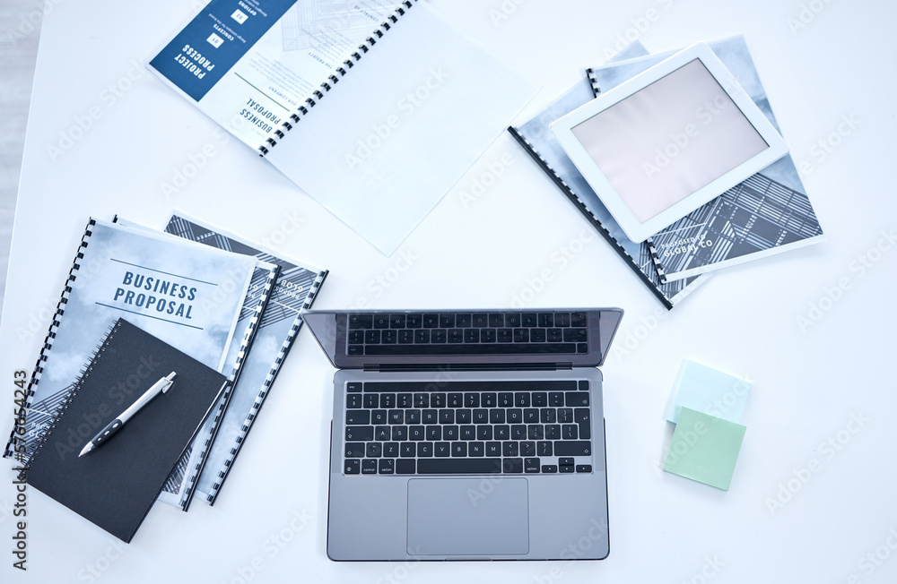 Poster laptop, document and tablet screen mockup above on table for business schedule, planning or design a