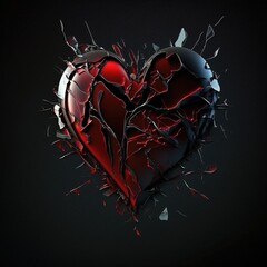 Design of a glass heart broken into pieces, isolated on black background, realistic, 3d rendering. Ai generated.