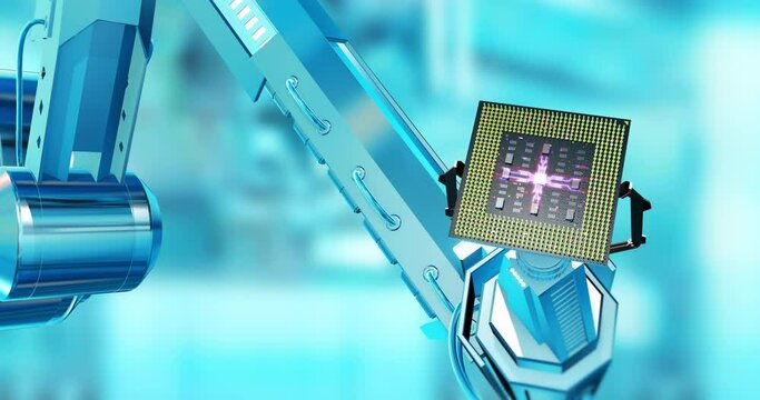 High tech robotic arm picks super computer chip processor. Technology related 3d concept animation.
