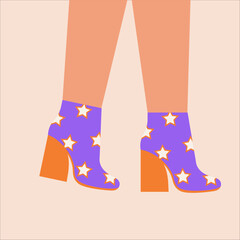 Woman high heel ankle boots. Bright female shoes  with star print. Glamour footwear. Retro, old style, vintage. Trendy vector illustration. 60-s, 70-s style.