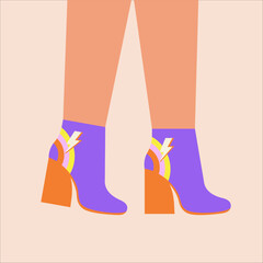 Woman high heel ankle boots. Pair of bright female, girls shoes. Glamour footwear. Retro, old style, vintage. Trendy vector illustration. 60-s, 70-s style..