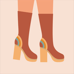 Woman legs in high heel boots. Pair of female, girls shoes. Stylish vintage footwear. Retro, old style. Trendy vector illustration. 60-s, 70-s style.