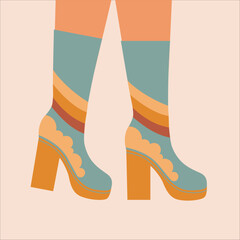 Woman legs in high heel boots. Pair of female, girls shoes. Stylish vintage footwear. Retro, old style. Trendy vector illustration. 60-s, 70-s style.