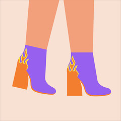 Woman high heel ankle boots. Bright female shoes  with flames. Glamour footwear. Retro, old style, vintage. Trendy vector illustration. 60-s, 70-s style..