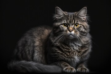 Fototapeta na wymiar Portrait of a furry, calm cat posing on a black background. Ai generated.