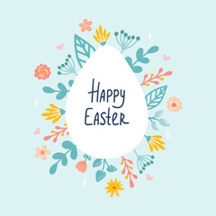 Happy Easter greeting card. Egg with plants and flowers, hand lettering. Vector flat festive illustration