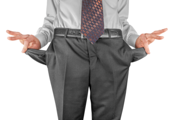 Bankrupt business man showing empty pockets by hands. png transparent