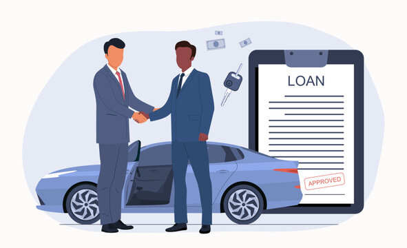 The concept of a deal to sell a car through a loan. White and black men shake hands in front of a car and a loan agreement. Vector illustration.