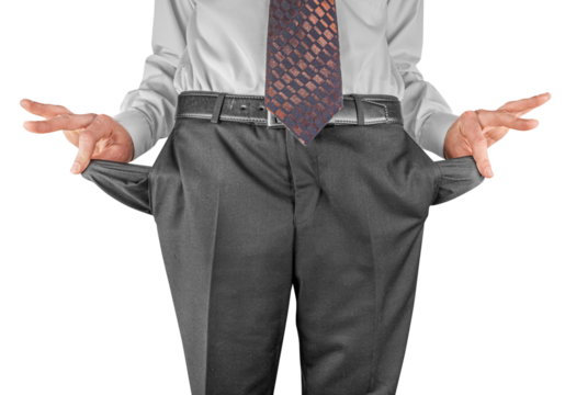 Bankrupt business man showing empty pockets by hands. png transparent