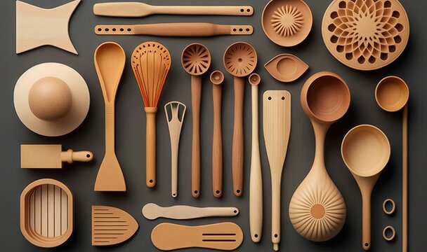  a collection of wooden utensils and spoons on a table.  generative ai