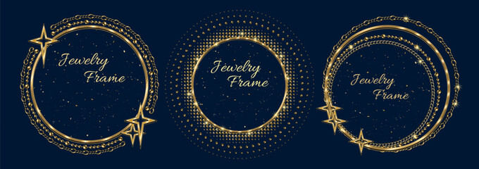 Set of circular golden frames with large place for copy space. Jewelry gold chains, beads, shiny stars, small glittering particles. Logo, emblem, badge for anniversary, award, gift design on dark blue